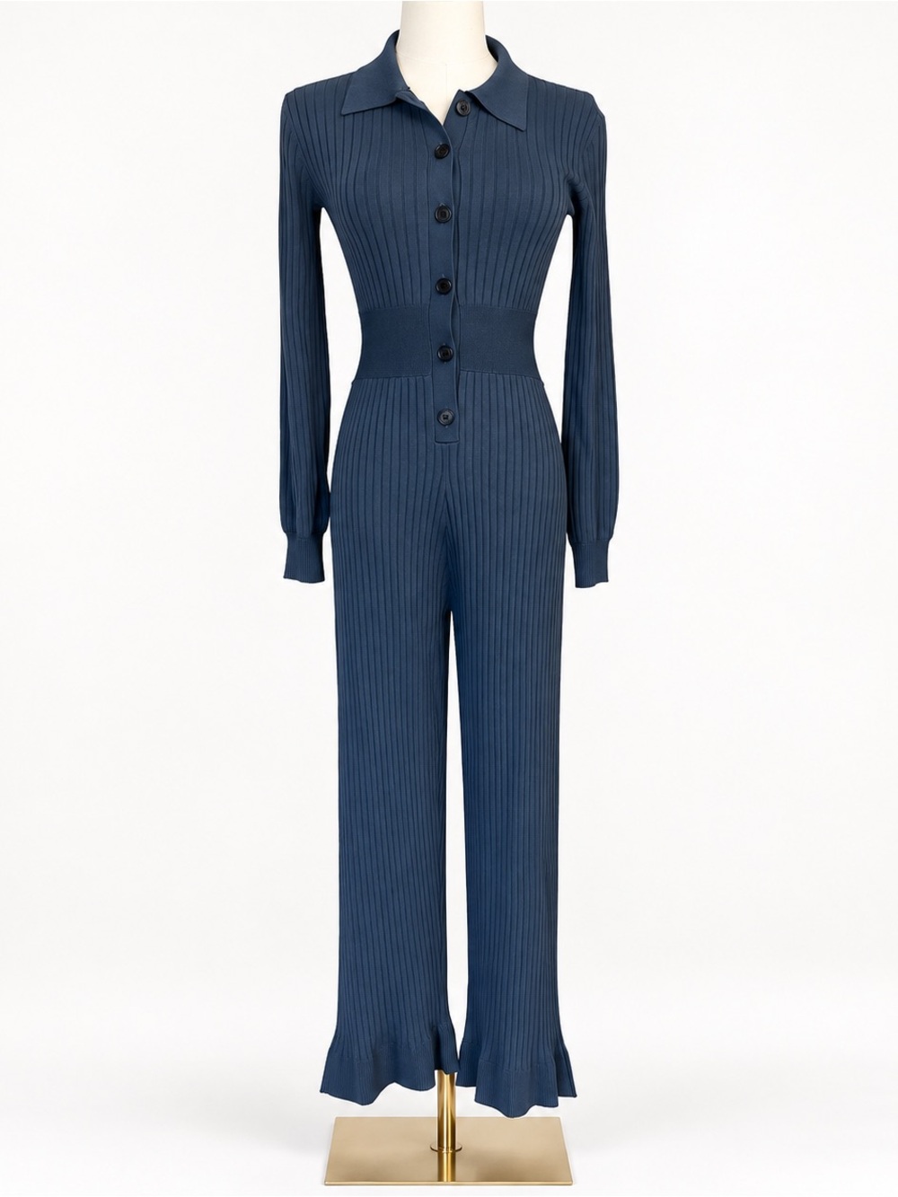 J.Crew XS Blue Ribbed Knit Button Front Cropped Flare Jumpsuit Flare Leg